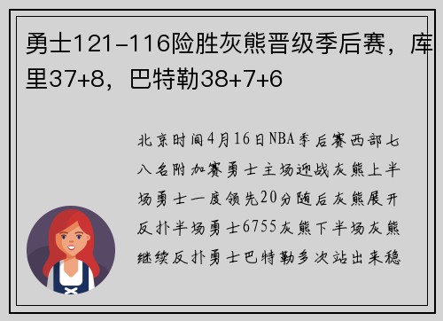 勇士121-116险胜灰熊晋级季后赛，库里37+8，巴特勒38+7+6