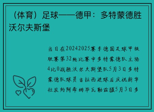 （体育）足球——德甲：多特蒙德胜沃尔夫斯堡